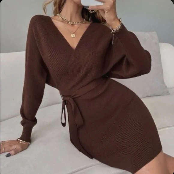 brown wrap sweater dress Women's Boho Lace Brown Dress main image 0